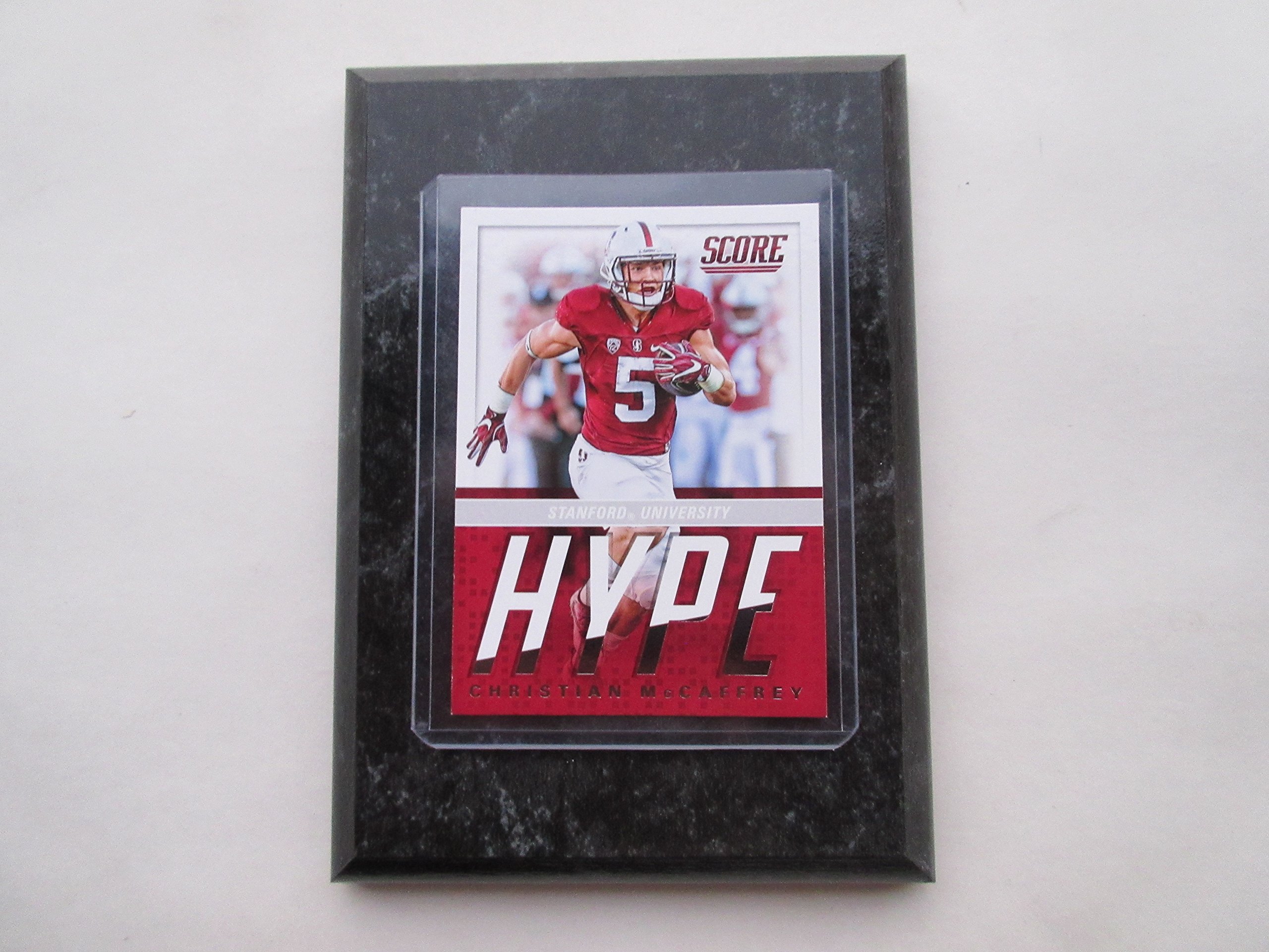 CHRISTIAN McCAFFREY STANFORD CARDINAL - CAROLINA PANTHERS 2017 SCORE HYPE ROOKIE CARD MOUNTED ON A "4 X 6" BLACK MARBLE PLAQUE