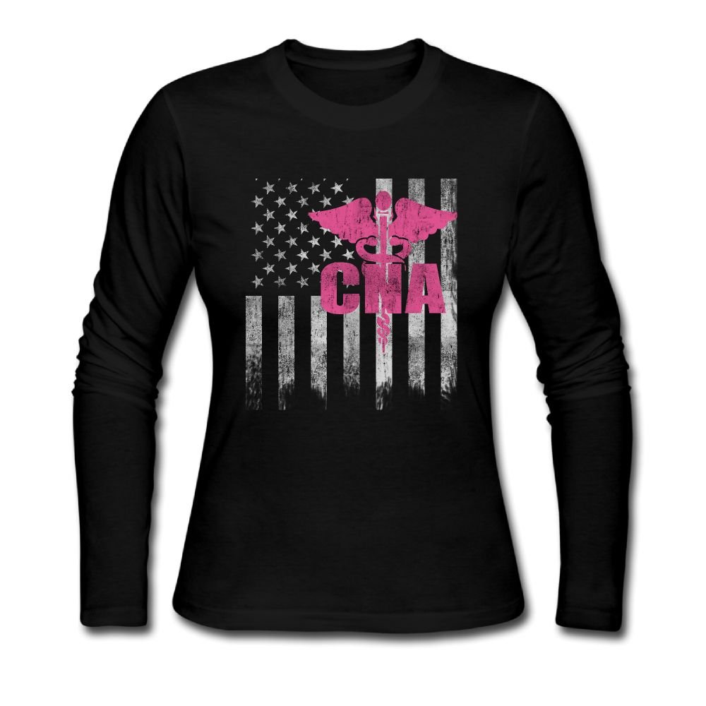 ROUNGO Woman CNA Flag - American Flag Cotton Comfort Long Sleeve Tshirt Crew-Neck