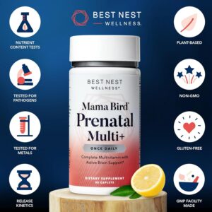 Best Nest Wellness Mama Bird Prenatal Vitamin: Vegan Prenatal Vitamins for Women w/Methylfolate (Folic Acid) w/Organic Herbal Blend, Prenatal Vitamins for Women B12, Choline, Once Daily, 30 Count