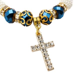 Nazareth Store Catholic Crystallized Cross Deep Blue Crystal Beads Wrist Rosary Bracelet Adjustable Elastic Bangle