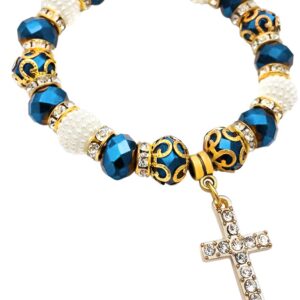 Nazareth Store Catholic Crystallized Cross Deep Blue Crystal Beads Wrist Rosary Bracelet Adjustable Elastic Bangle