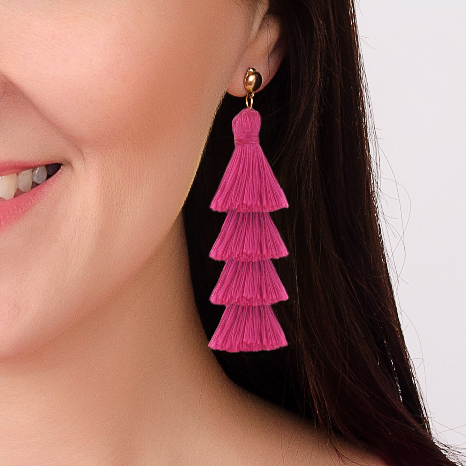 BaubleStar Fashion Gold Tassel Dangle Earrings Layered Long Bonita Tiered Thread Tassel Rose Red Drop Statement Jewelry for Women