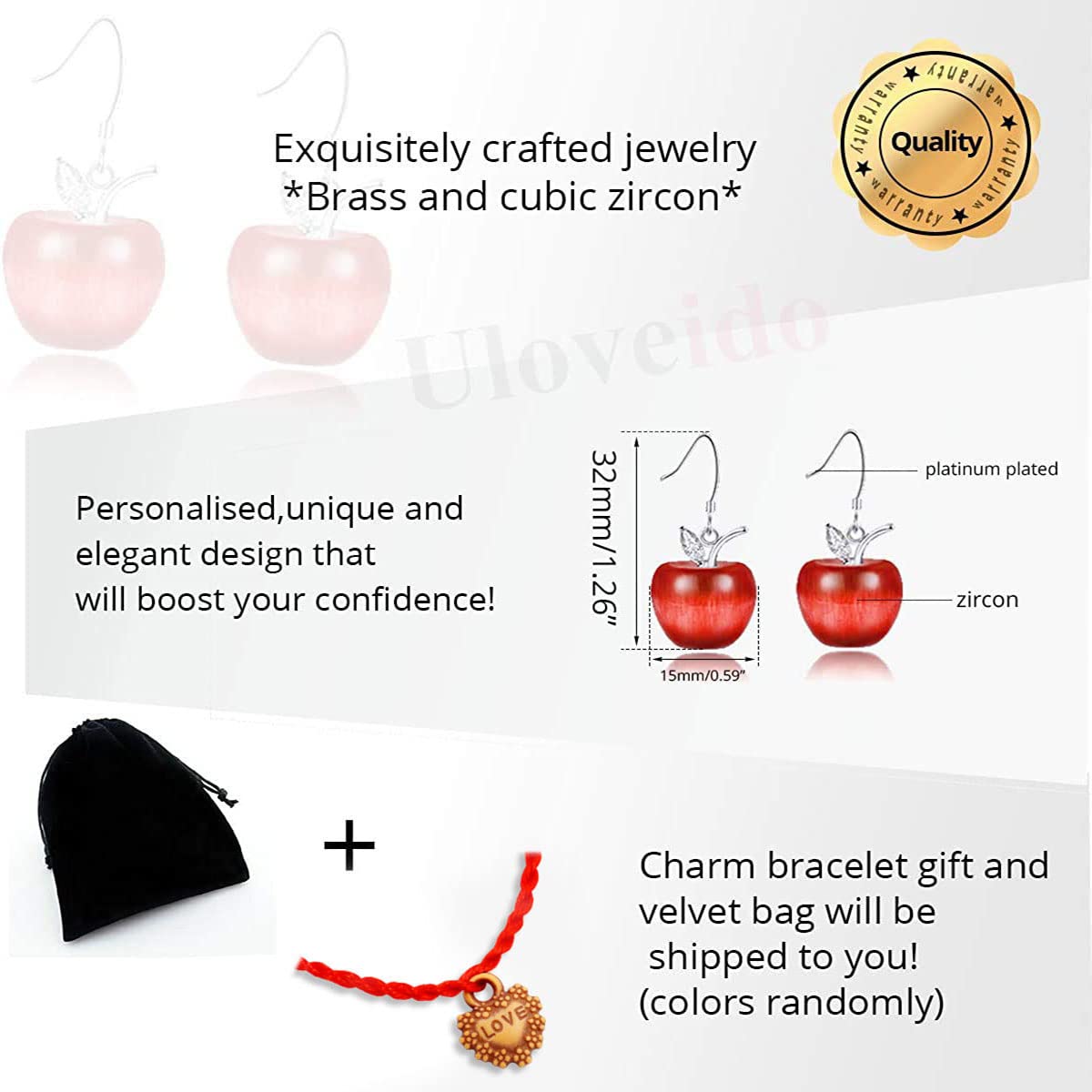 Uloveido Cute Apple Dangle Drop Fruit Stud Earrings Jewelry for Women and Teen Girls with Crystal YL007 (Red)