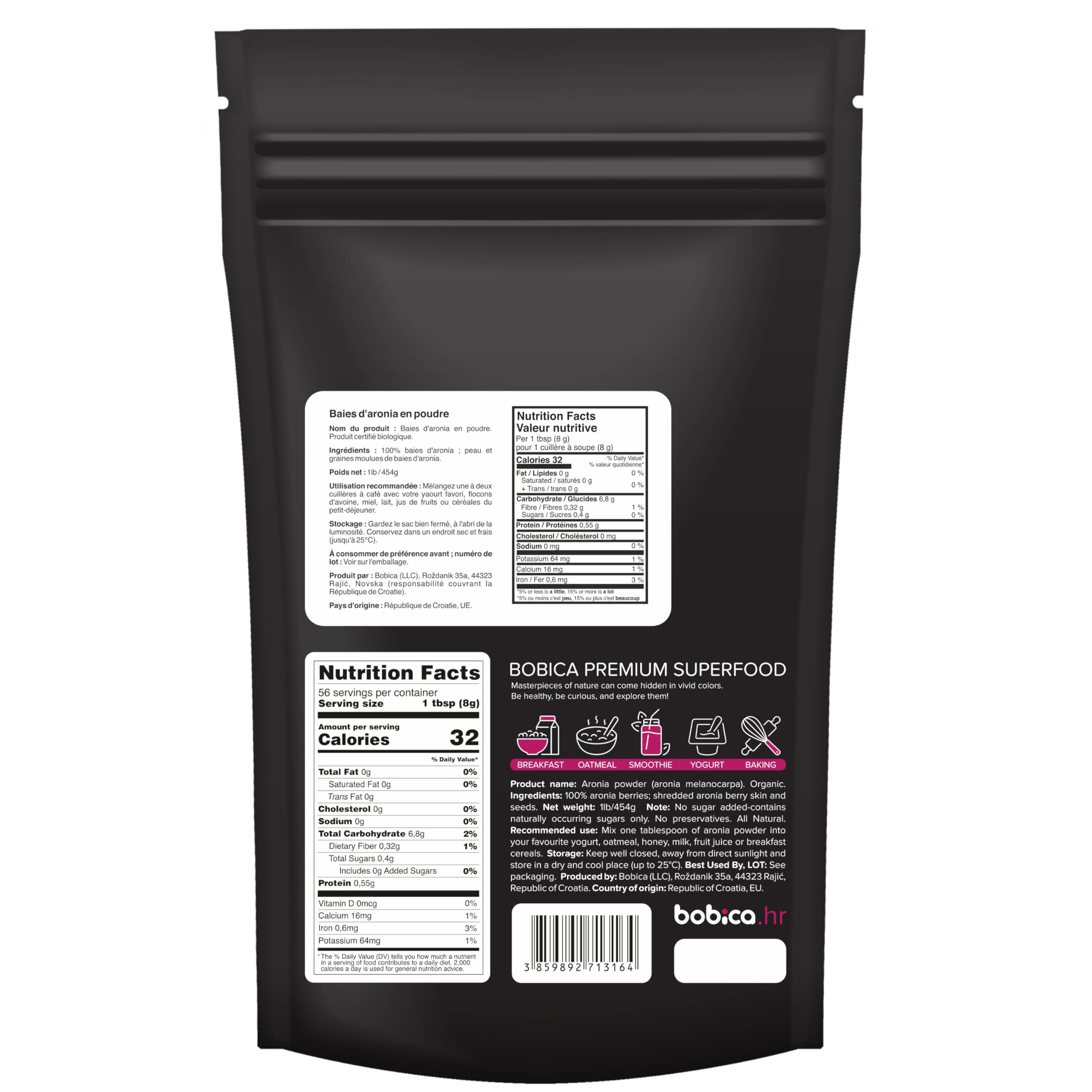 Bobica Organic Aronia Berry Powder, Chokeberry Powder, Antioxidant Superfood, High in Flavonoids, Polyphenols and Potassium, for Immunity, Vegan, Gluten-Free, 1lb