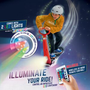 Geospace Twin LED Illuminator SKI Skooter Sled with 2 LED Lights for Safe Winter Fun - Fold-up Portable Snowboard Kick Scooter for Use on Snow or Kids 6 & Up,Teens & Adults (Red, Blue or Green)