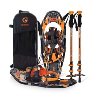 g2 21 inches orange light weight snowshoes for women men youth, set with trekking poles, tote bag, special eva padded ratchet binding, heel lift, toe box