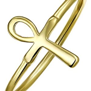 Minimalist 14K Gold Plated .925 Sterling Silver Midi Knuckle 1MM Band Stackable Ankh Cross Egyptian Symbol Of Life Ring