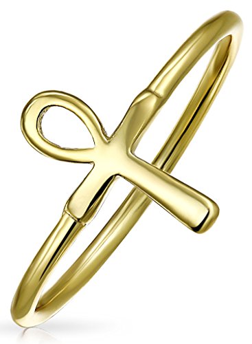 Minimalist 14K Gold Plated .925 Sterling Silver Midi Knuckle 1MM Band Stackable Ankh Cross Egyptian Symbol Of Life Ring