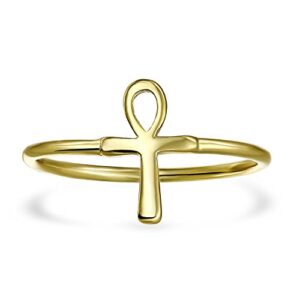 Minimalist 14K Gold Plated .925 Sterling Silver Midi Knuckle 1MM Band Stackable Ankh Cross Egyptian Symbol Of Life Ring