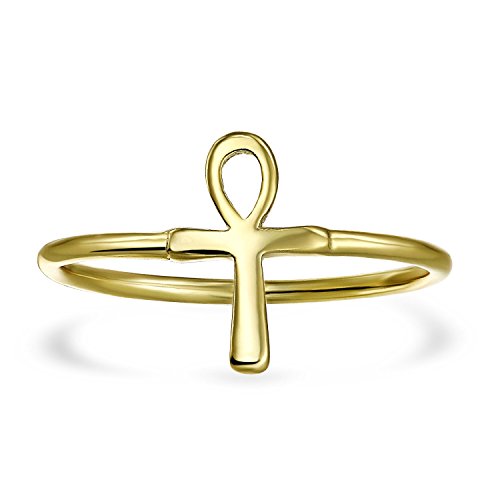 Minimalist 14K Gold Plated .925 Sterling Silver Midi Knuckle 1MM Band Stackable Ankh Cross Egyptian Symbol Of Life Ring