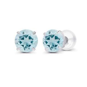 14K Solid White Gold 4mm Round Natural Aquamarine March Birthstone Prong Set Stud Earrings For Women