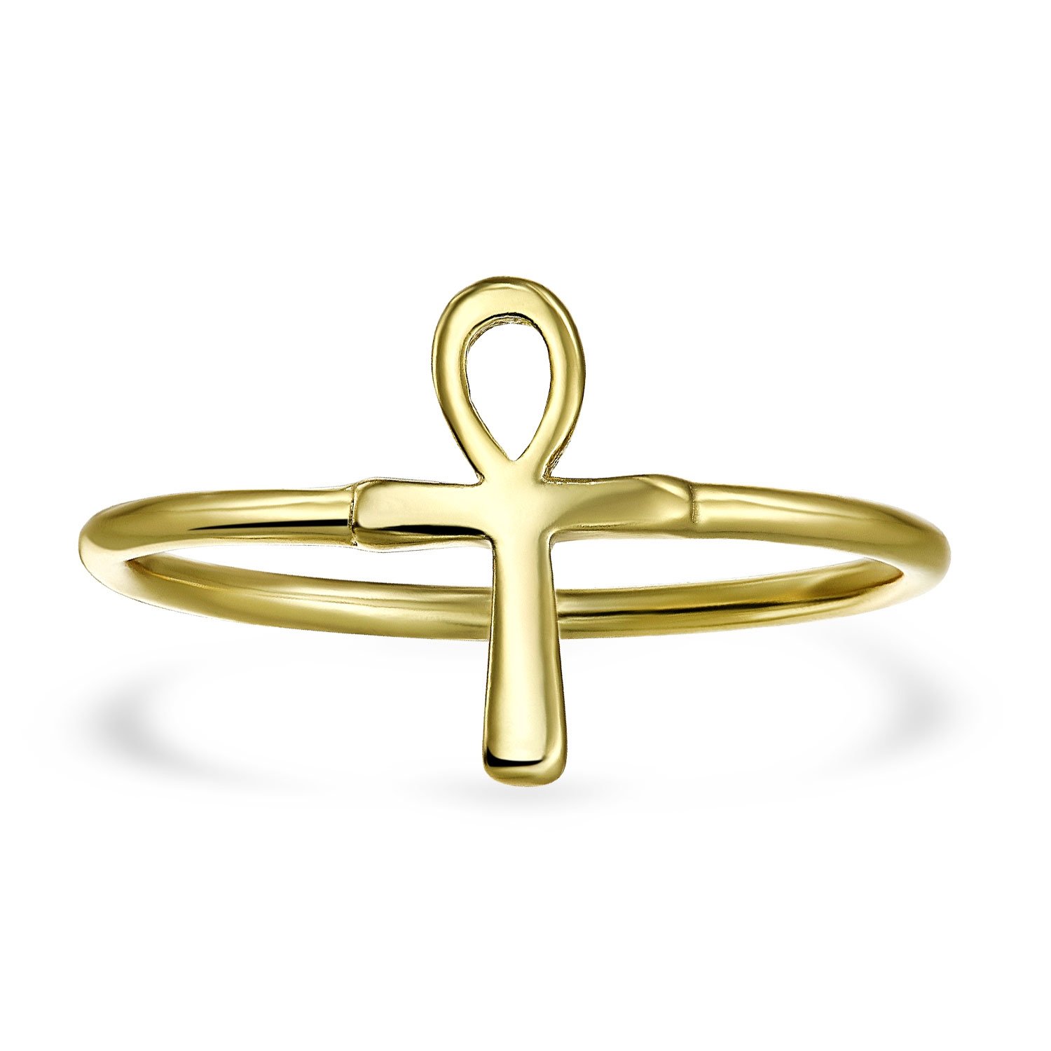 Minimalist 14K Gold Plated .925 Sterling Silver Midi Knuckle 1MM Band Stackable Ankh Cross Egyptian Symbol Of Life Ring