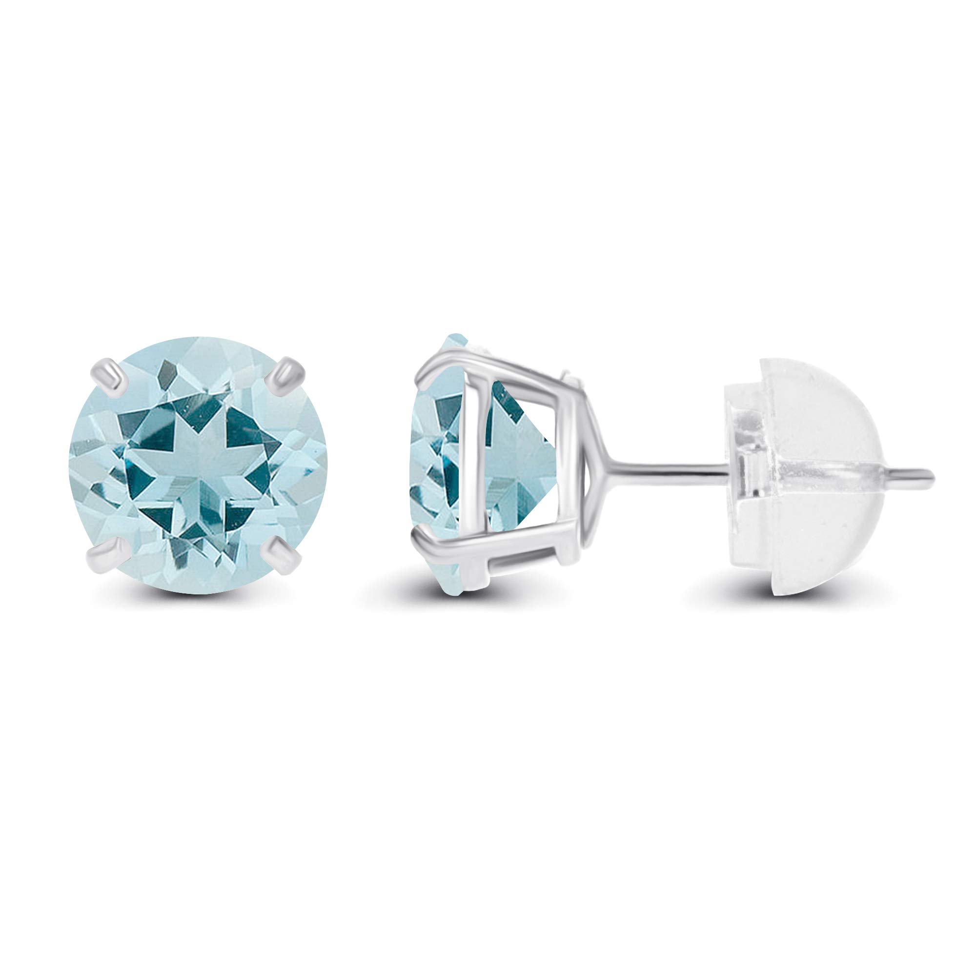 Genuine 14K Solid White Gold 6mm Round Natural Aquamarine March Birthstone Stud Earrings