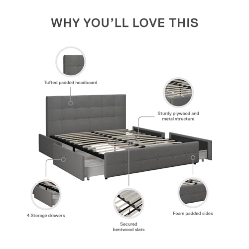 DHP Rose Upholstered Platform Bed with Underbed Storage Drawers and Button Tufted Headboard and Footboard, No Box Spring Needed, Full, Gray Linen