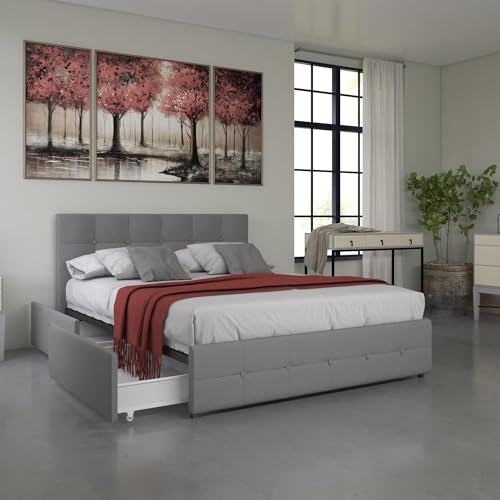 DHP Rose Upholstered Platform Bed with Underbed Storage Drawers and Button Tufted Headboard and Footboard, No Box Spring Needed, Full, Gray Linen