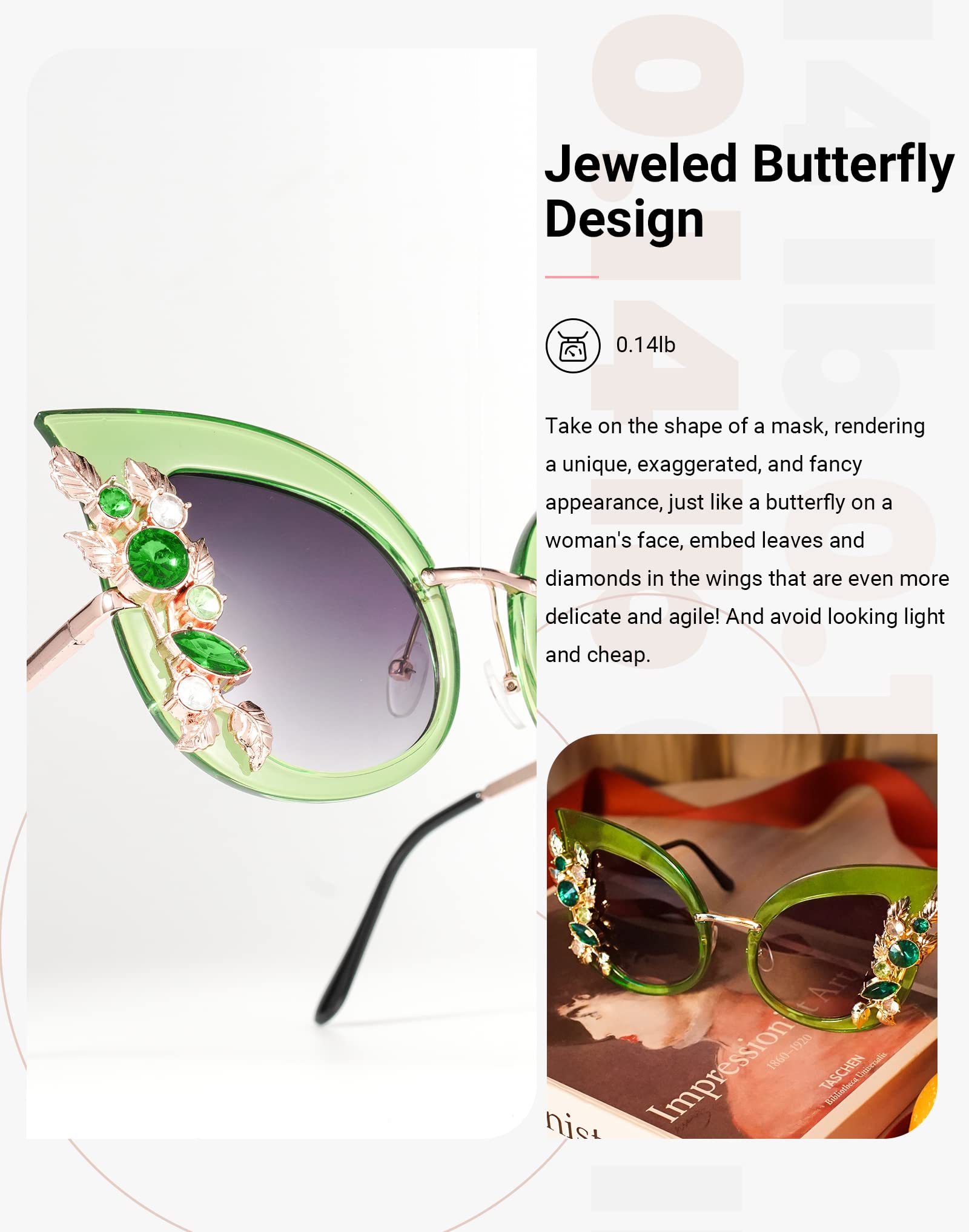 Slocyclub Jeweled Sunglasses, Funky Butterfly Shaped Sunglasses, Oversized Rhinestone Sunglasses for Women with UV400 Protection