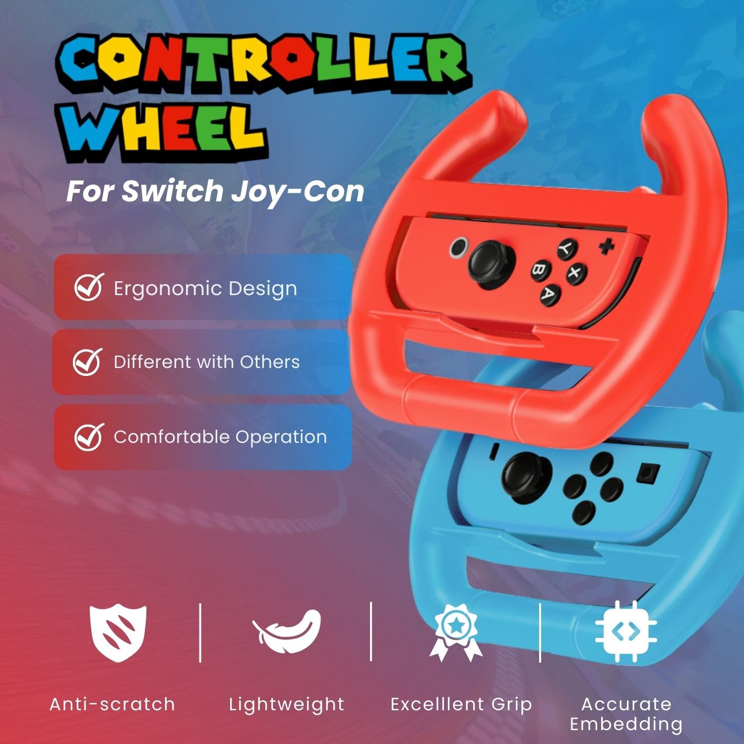 TNP Racing Wheel for Nintendo Switch/Switch OLED Joy-Con Controller (Set of 2 Red + Blue) Racing Steering Wheel Controller Accessory Grip Handle Kit Attachment