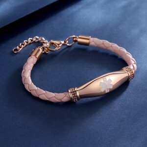 linnalove-Free Engraving Medical Alert Bracelets for Women Beautiful Female Pink Leather Rose gold Medical ID Bracelets