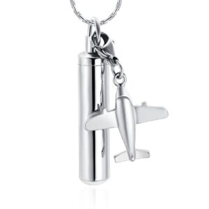 constantlife cylinder cremation jewelry for ashes 316l stainless steel urn pendant memorial necklace with small accessories charms keepsake (airplane)