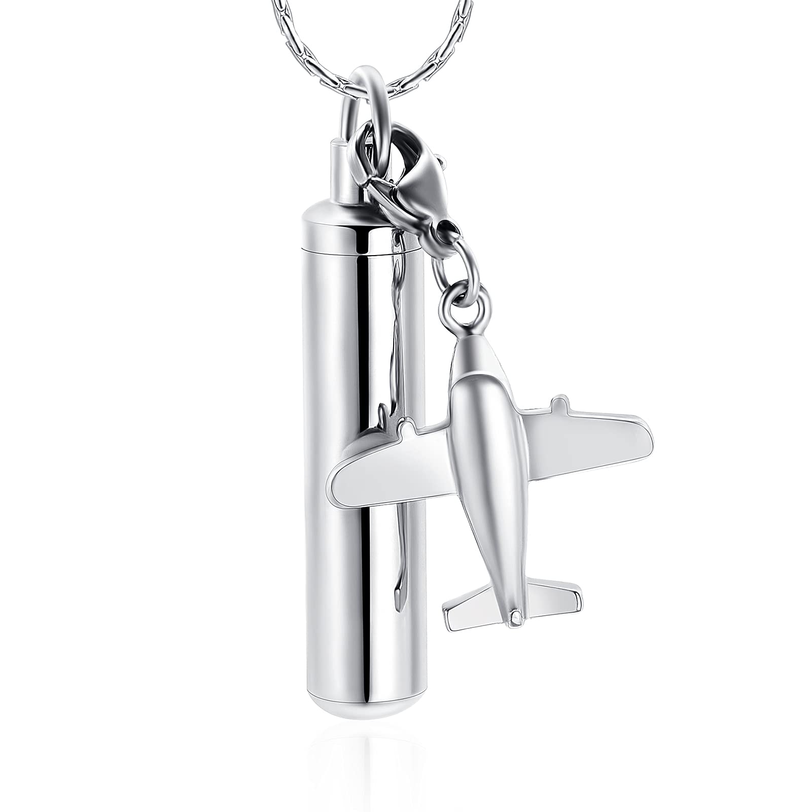 constantlife Cylinder Cremation Jewelry for Ashes 316L Stainless Steel Urn Pendant Memorial Necklace with Small Accessories Charms Keepsake (Airplane)