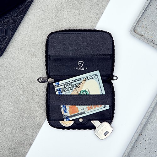 Vaultskin NOTTING HILL Minimalist Leather Zipper Wallet for Women and Men: Slim Multi Cardholder with RFID Blocking and Keychain Ring (Black)