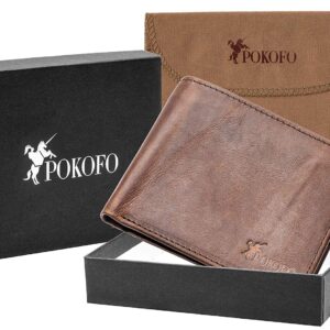 POKOFO RFID Blocking Genuine Leather Bifold Wallet for Men with Zipper and 2 ID Windows (Dark brown)