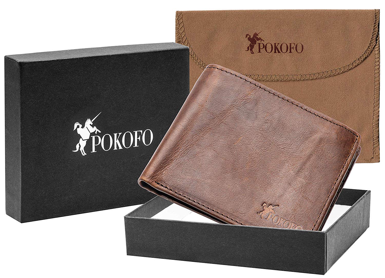 POKOFO RFID Blocking Genuine Leather Bifold Wallet for Men with Zipper and 2 ID Windows (Dark brown)