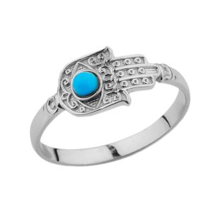 Middle Eastern Jewelry Unique Sterling Silver Hamsa Hand with Blue Stone Ring (Size 8)