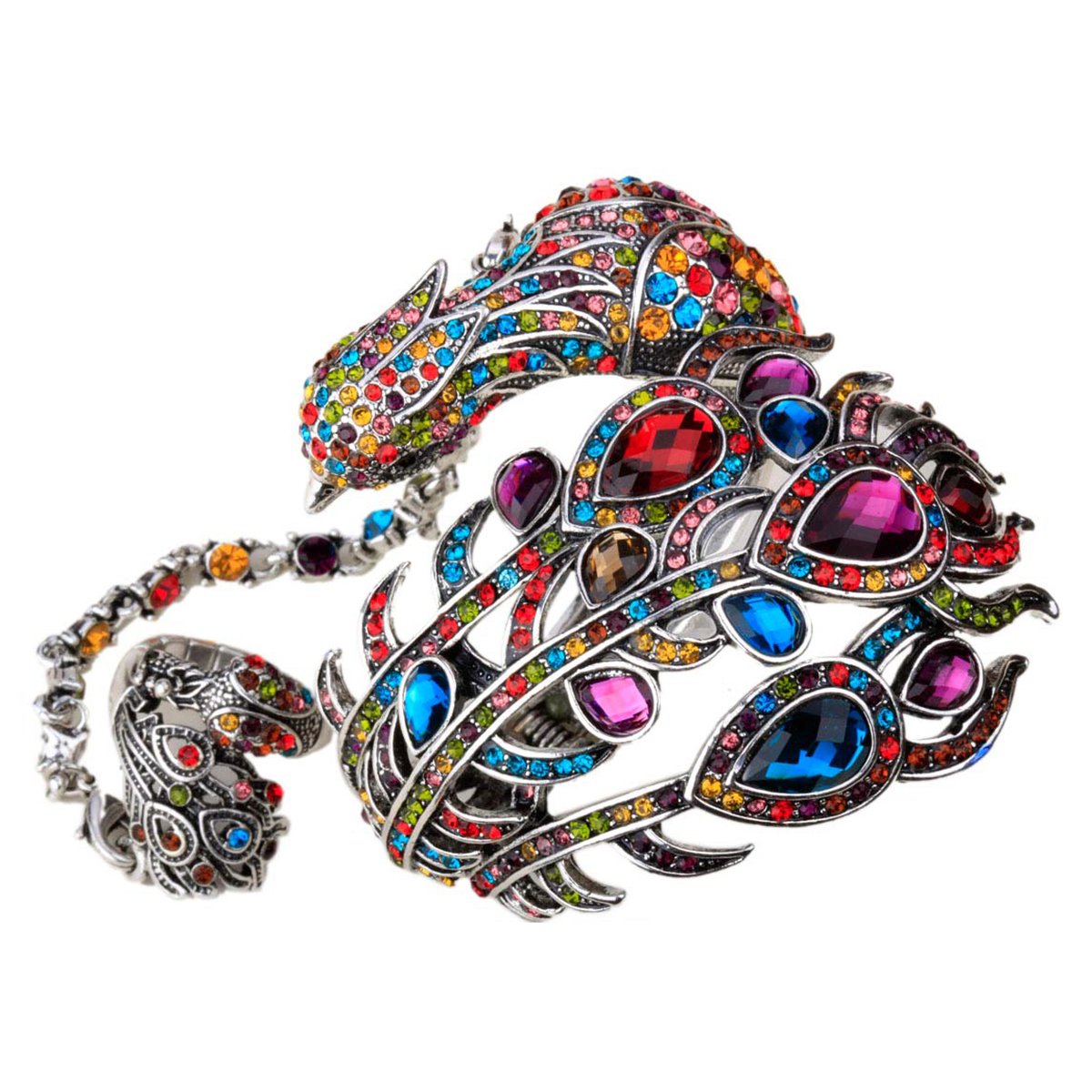 YACQ Big Peacock Bracelets with Attached Rings for Women Fit Wrist Circumference 6.5 to 7.5 inch & Finger Size 6.5 to 9