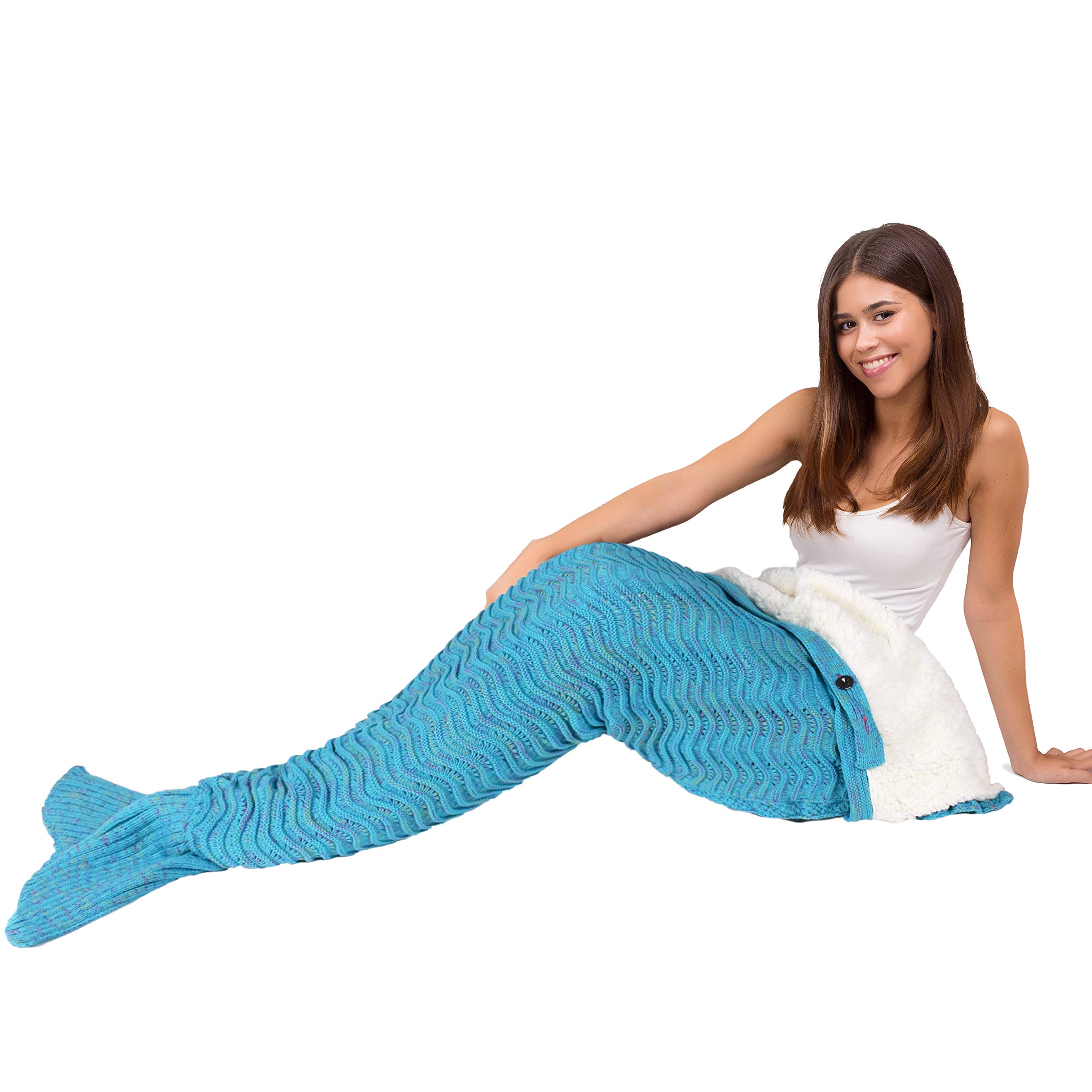 Tirrinia Sherpa Mermaid Tail Blanket for Adults Teens Girls Womens, Super Comfy Warm Anti-Slip Knitted Mermaid Blanket Wave Pattern | Gift Package Included, Blue