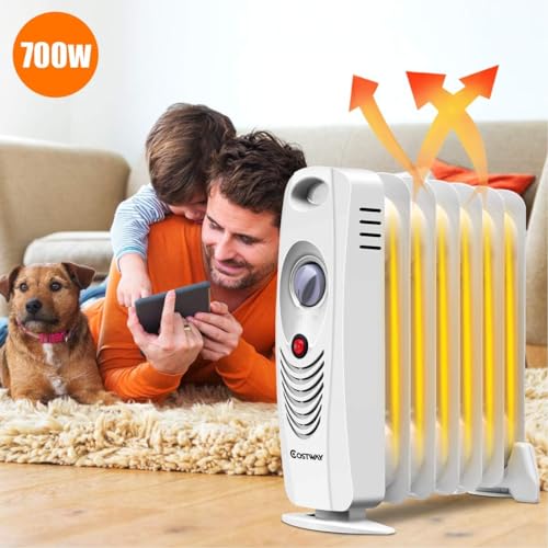 COSTWAY Oil Filled Radiator Heater, 700W Portable Space Heater with Adjustable Thermostat, Overheat Protection, Electric Heater for Bedroom, Indoor use