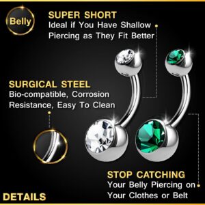 2PCS 316L Surgical Steel Short Belly Button Rings Studs 14 Gauge 1/4 6mm Emerald Crystal Balls Navel Jewelry 0570