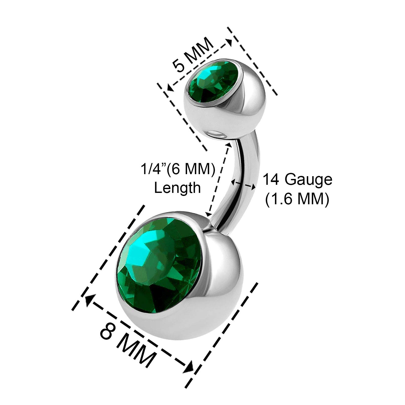 2PCS 316L Surgical Steel Short Belly Button Rings Studs 14 Gauge 1/4 6mm Emerald Crystal Balls Navel Jewelry 0570