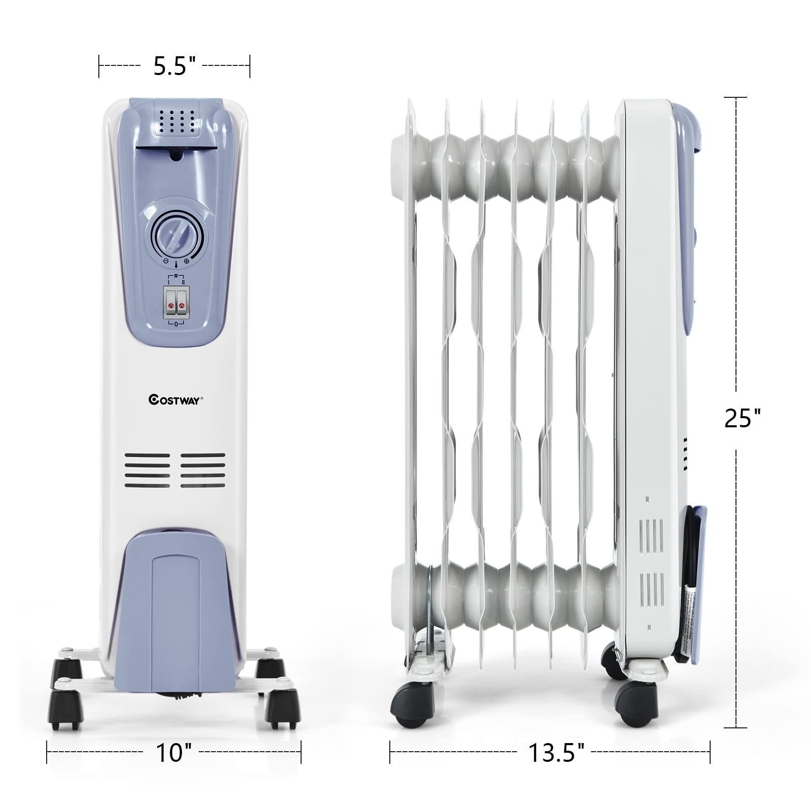 COSTWAY Oil Filled Radiator Heater, 1500W Portable Space Heater with Adjustable Thermostat, 3 Heat Settings, Overheat and Tip-Over Protection, Electric Oil Heater for Living Room Bedroom, Indoor Use