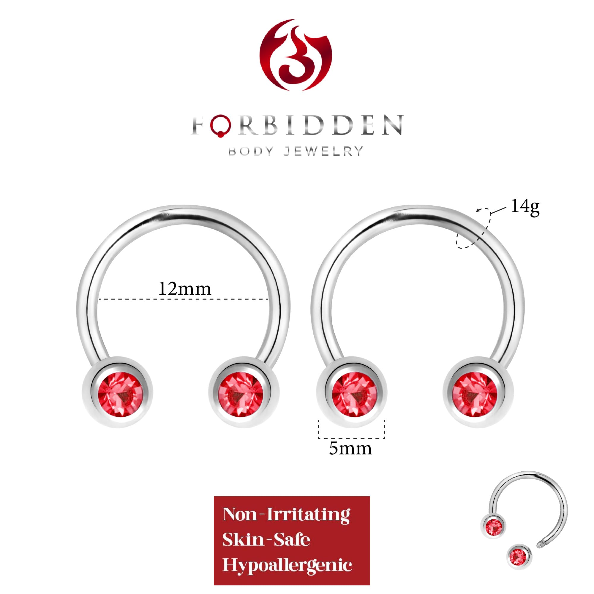 Forbidden Body Jewelry 14G 12mm Surgical Steel Front Facing Red CZ Crystal Nipple Piercing Horseshoe Rings