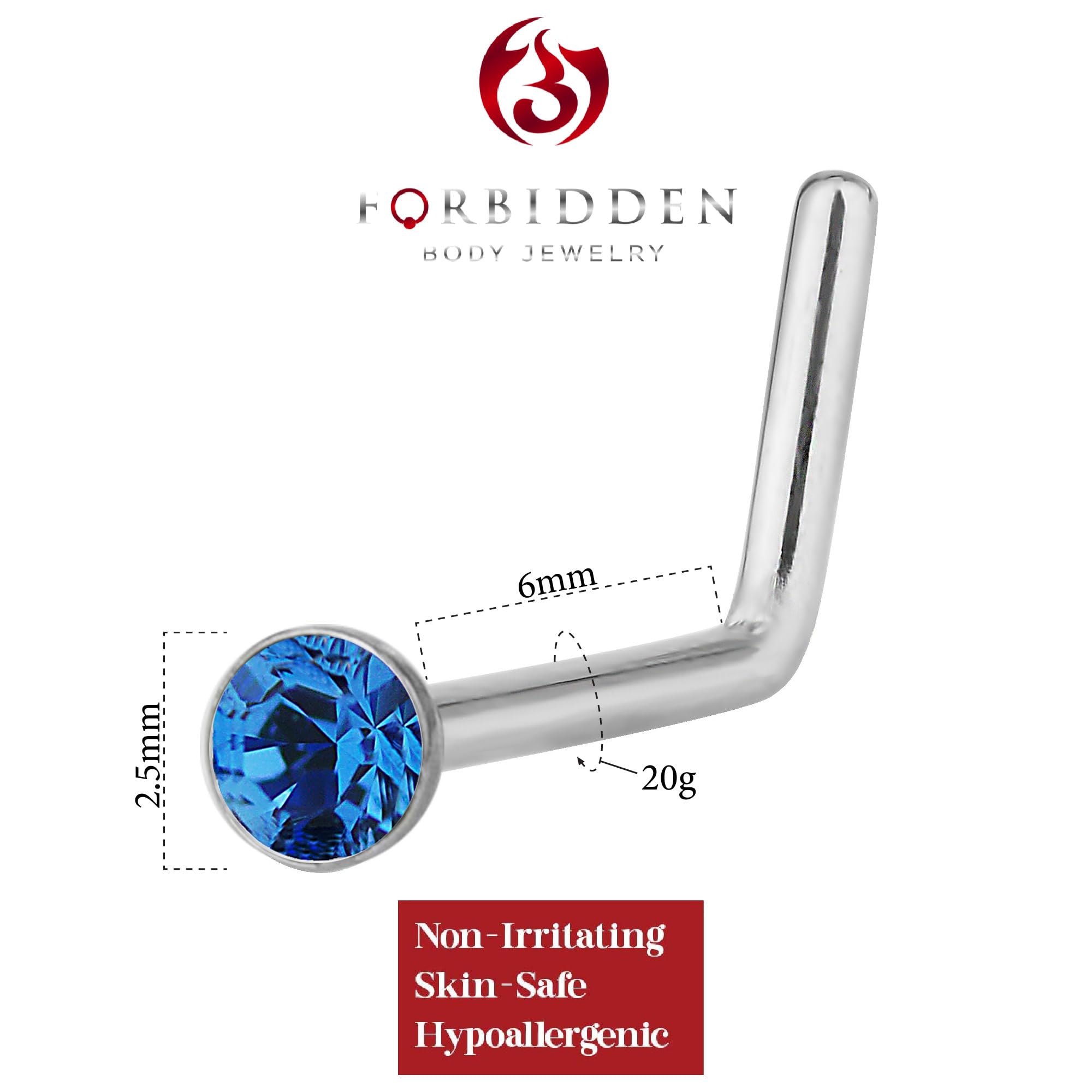 Forbidden Body Jewelry 20G Surgical Steel 6mm L-Shaped Nose Piercing Stud with Blue 2.5mm Crystal Top