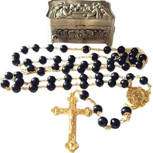 elegantmedical Black AAA+10mm Real Pearl BEADS GOLD ROSARY CROSS Necklace & box Catholic GIFTS