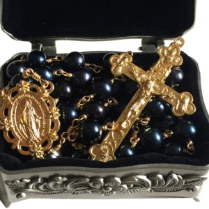 elegantmedical Black AAA+10mm Real Pearl BEADS GOLD ROSARY CROSS Necklace & box Catholic GIFTS