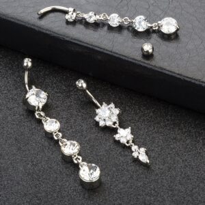 YOVORO 3PCS 14G 316L Stainless Steel Belly Button Rings for Women Navel Rings Barbell Dangle Flower CZ Body Piercing S