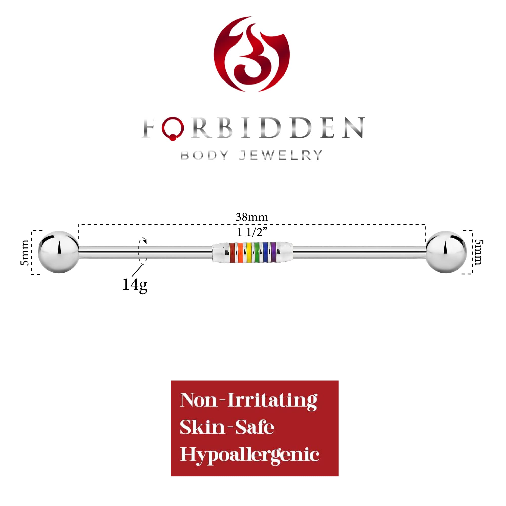 Forbidden Body Jewelry 14G 1 1/2 Inch (38mm) Surgical Steel & Gold Plated Rainbow Stripe Industrial Piercing Barbell