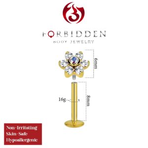 Forbidden Body Jewelry 16g 8mm Internally Threaded Gold IP Plated Tragus, Helix Earring and Labret Stud with Crystal Flower Top