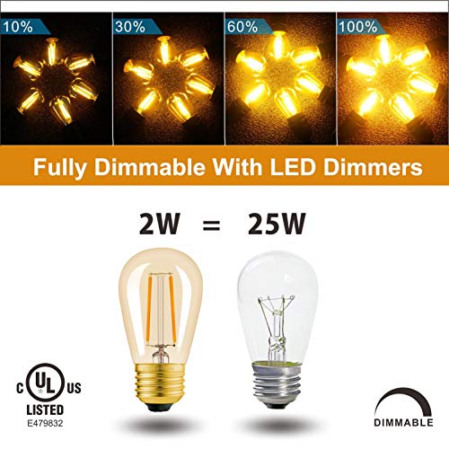 Hizashi 15 Pack S14 Replacement Light Bulbs, 2W=25 Watt Outdoor Edison Bulbs Dimmable E26 Base, Amber 2200K S14 LED Bulbs, Outdoor String Lights Bulbs Replacement, Shatterproof Waterproof, UL Listed