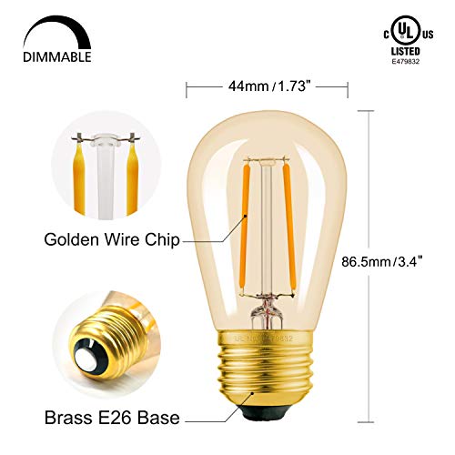 Hizashi 15 Pack S14 Replacement Light Bulbs, 2W=25 Watt Outdoor Edison Bulbs Dimmable E26 Base, Amber 2200K S14 LED Bulbs, Outdoor String Lights Bulbs Replacement, Shatterproof Waterproof, UL Listed