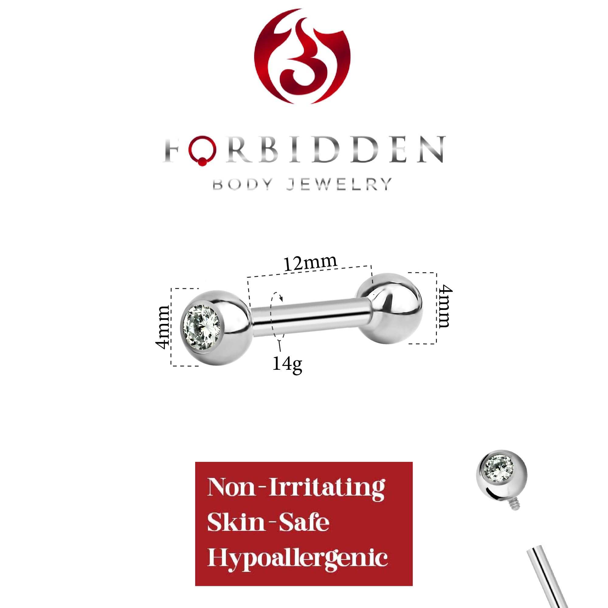 Forbidden Body Jewelry 14g 12mm Titanium Single CZ Crystal Top Barbell, 4mm Balls