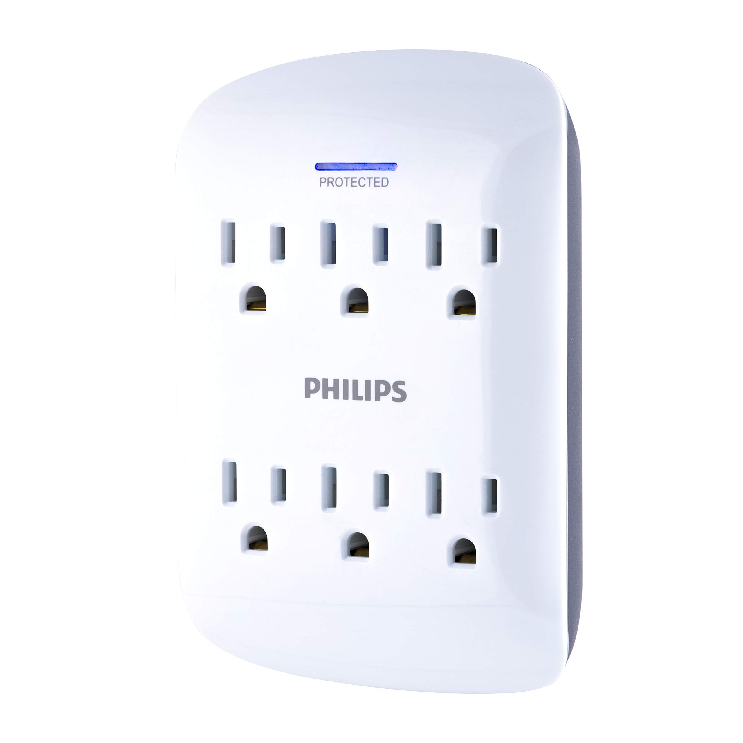 Philips 6-Outlet Surge Protector Tap, 900 Joules, Space Saving Design, Protection Indicator LED Light, Gray & White, SPP3461WA/37