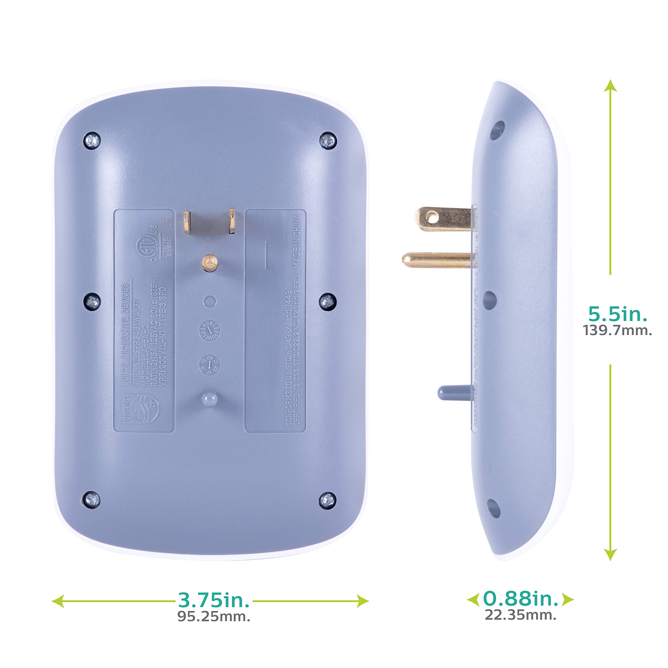 Philips 6-Outlet Surge Protector Tap, 900 Joules, Space Saving Design, Protection Indicator LED Light, Gray & White, SPP3461WA/37