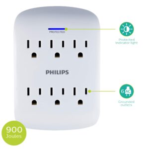 Philips 6-Outlet Surge Protector Tap, 900 Joules, Space Saving Design, Protection Indicator LED Light, Gray & White, SPP3461WA/37