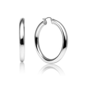 LOVVE Sterling Silver High Polished Round-Tube Click-Top Chunky Thick Hoop Earrings, 5x40mm