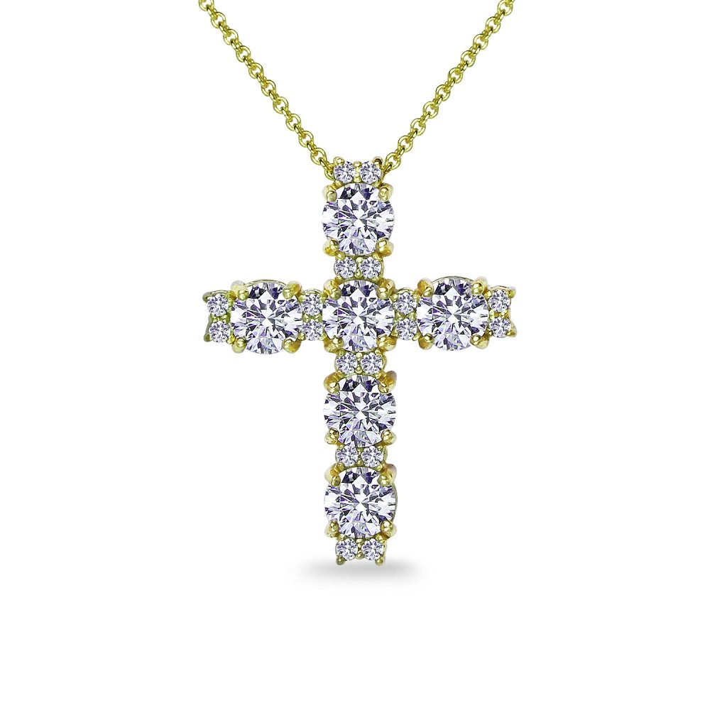 B. BRILLIANT Yellow Gold Flashed Sterling Silver Round-cut AAA Cubic Zirconia Large CZ Christian Gold Cross Necklace for Women with Gift Box