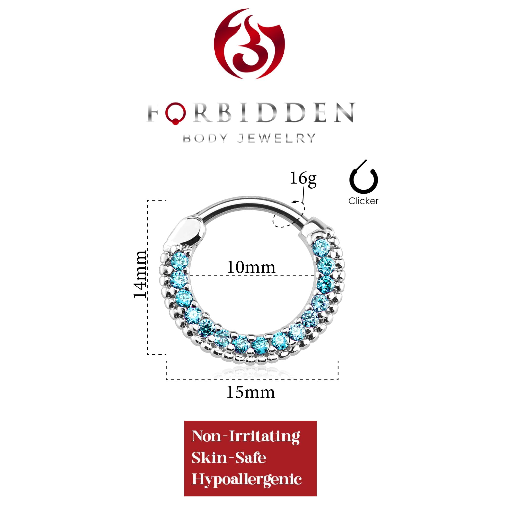 Forbidden Body Jewelry 16g 10mm Rounded Top Pave Aqua Blue CZ Clicker Hoop for Septum & Cartilage Piercings